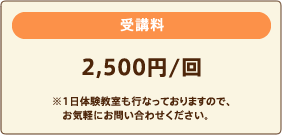 受講料　2,500円/回　　※1日体験教室も行なっておりますので、お気軽にお問い合わせください。