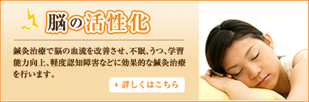 脳の活性化 鍼灸治療で脳の血流を改善させ、不眠、うつ、学習能力向上、軽度認知障害などに効果的な鍼灸治療を行います。